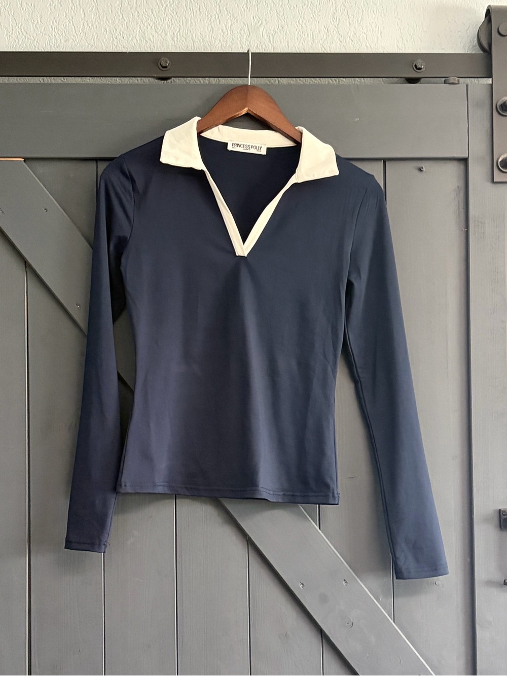 Princess Polly Navy Long-Sleeve Polo Top with Cream Collar